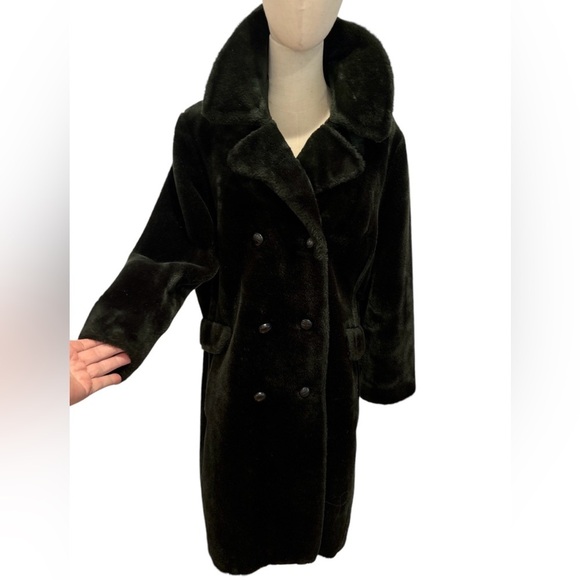60s BLACK ALASKAN BORG TEDDY COAT FAUX FUR DOUBLE BREASTED MID-CENTURY MOBWIFE M - Picture 3 of 14